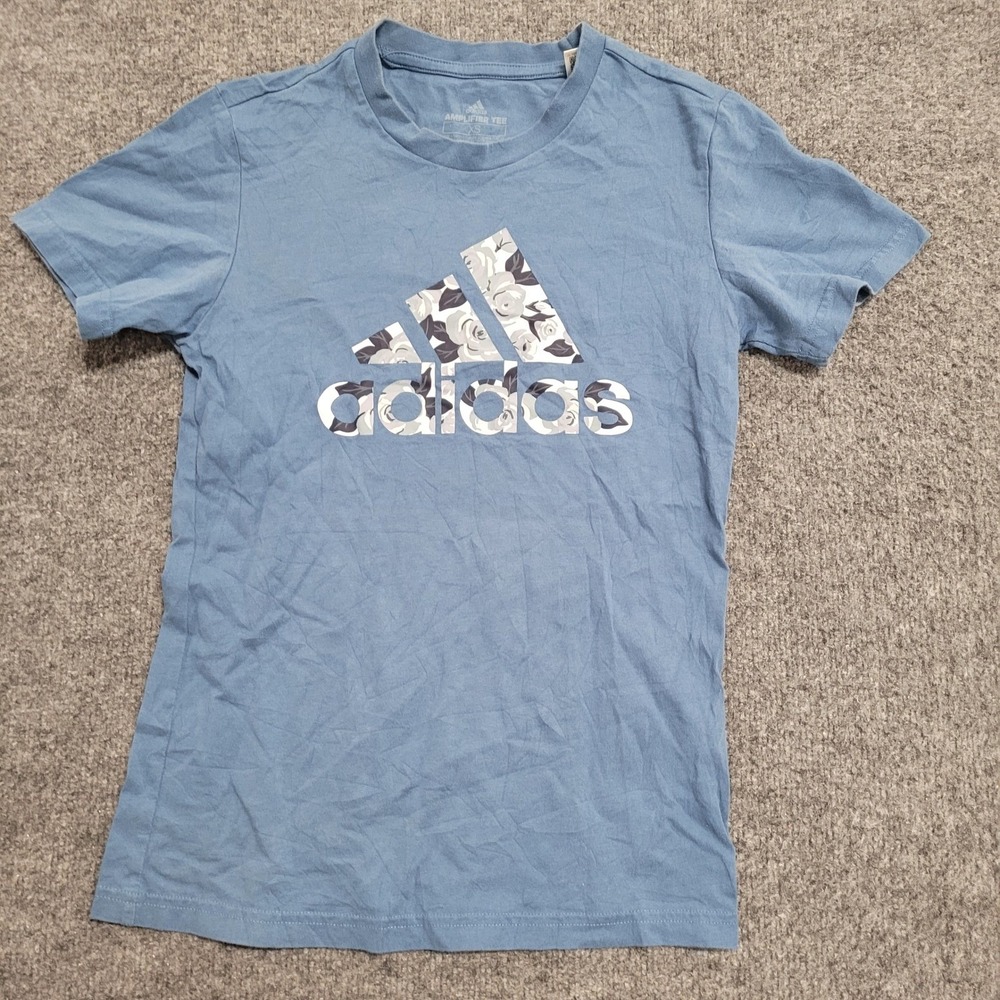 Adidas T-Shirt Womens Size XS Blue Floral Logo Graphic Amplifier Tee Athletic